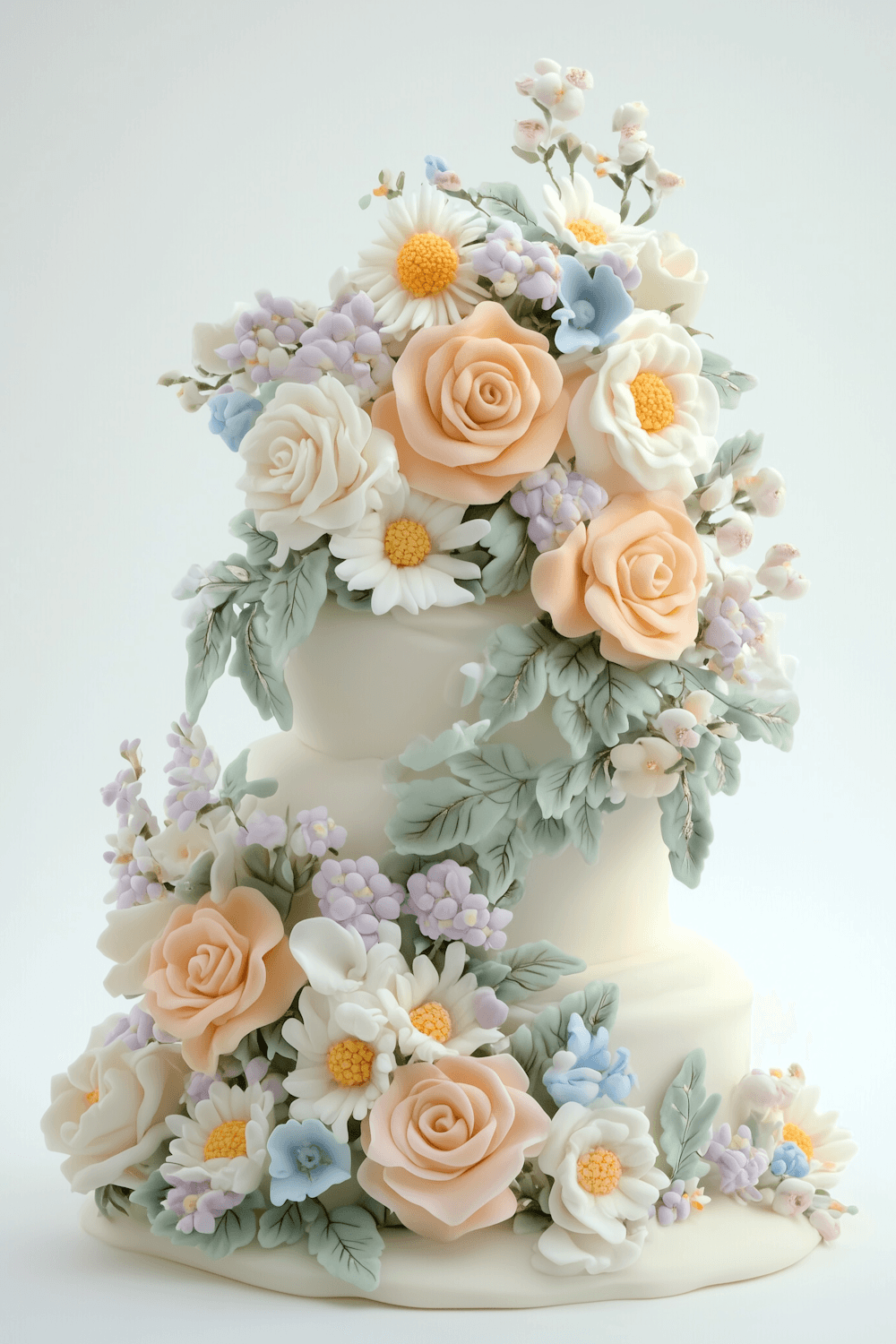 A three-tier cake covered in pale sugar flowers