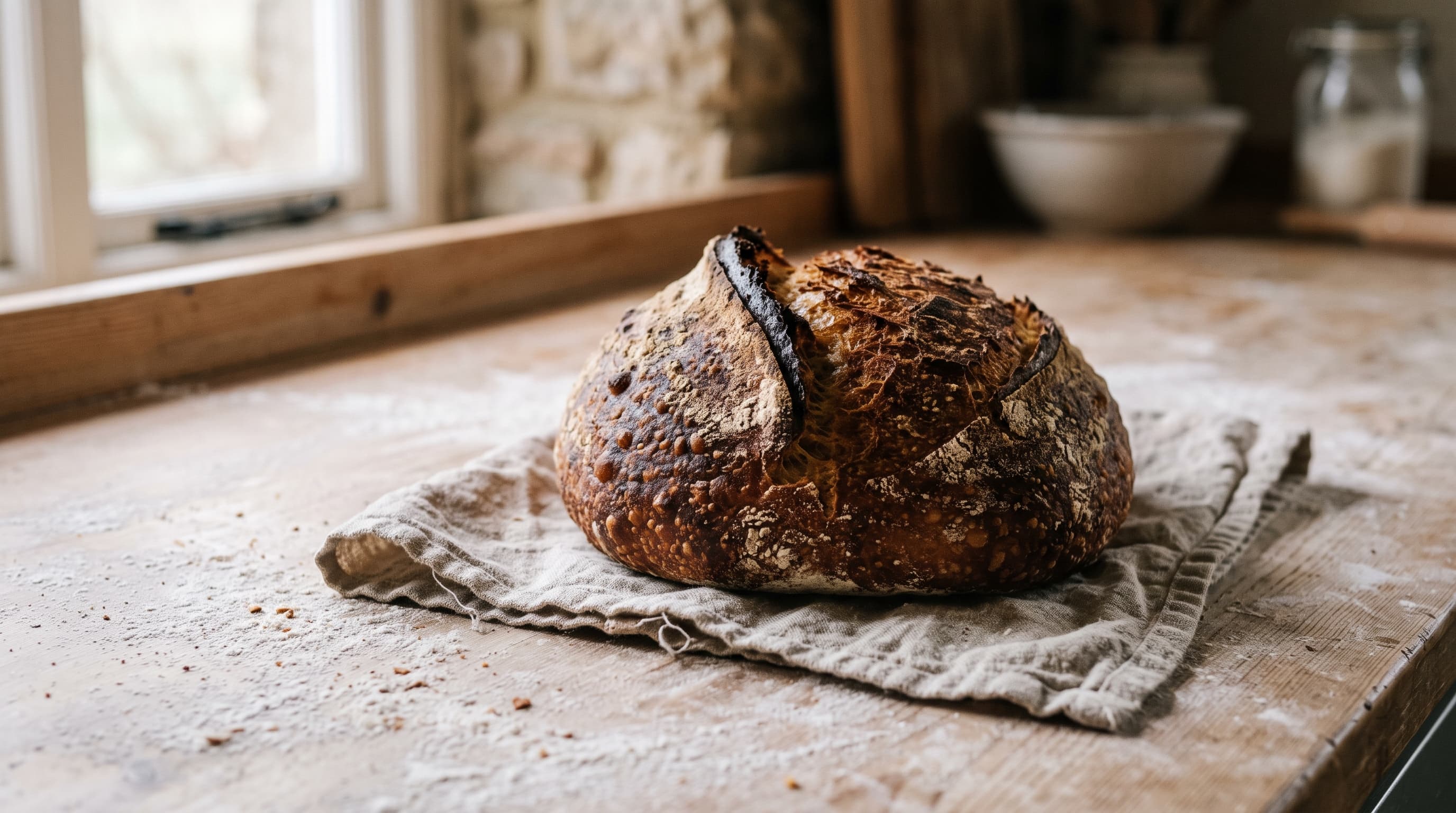 A freshly baked country sourdough loaf with an open score, resting on linen on a flour-dusted counter