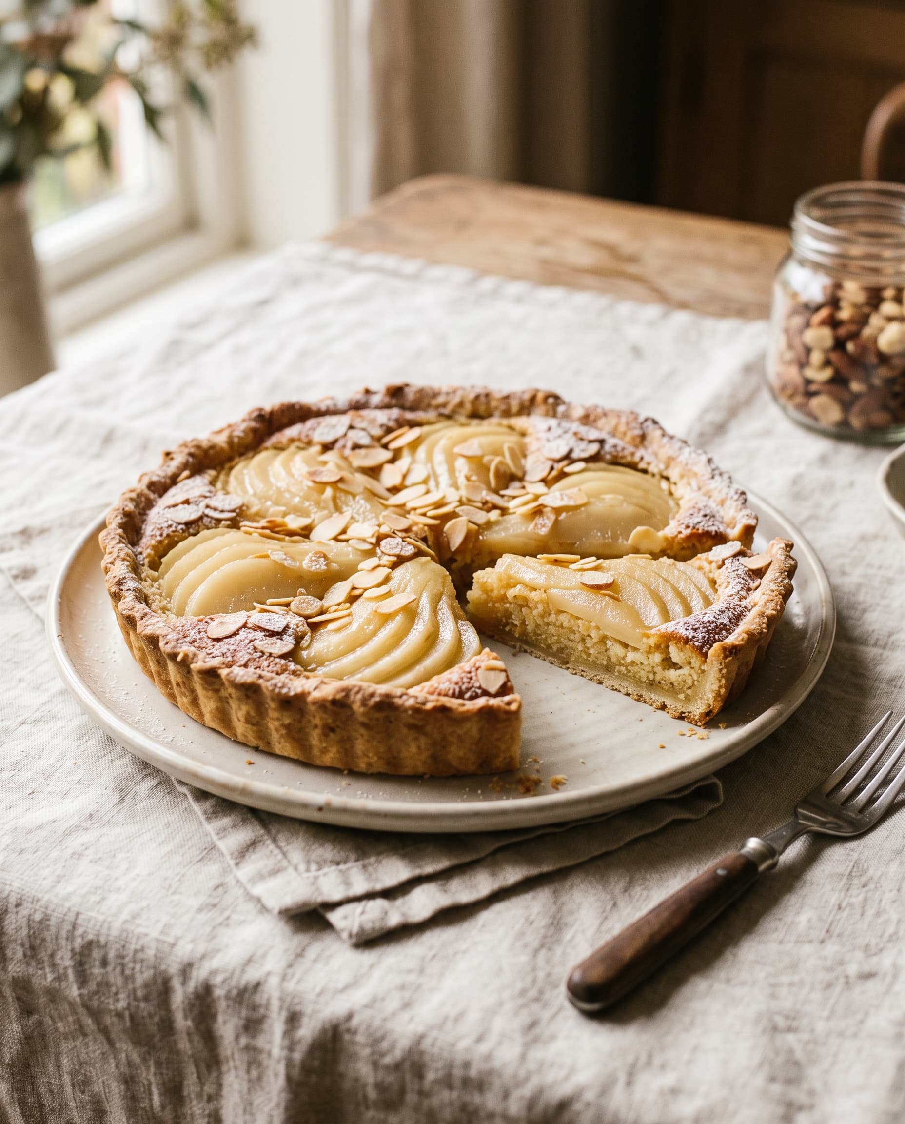 Almond frangipane tart topped with poached pears and flaked almonds