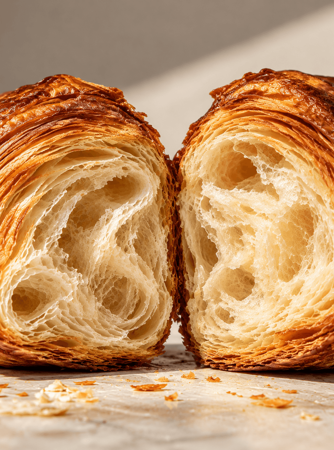 Butter croissant cut in half to show its open, honeycomb layers