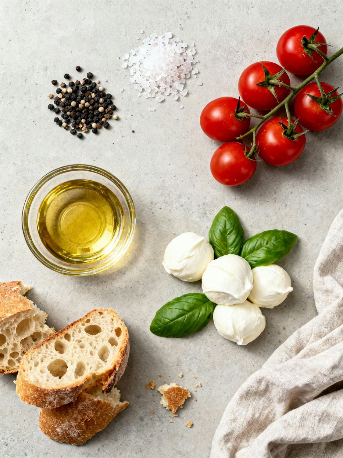 Focaccia, mozzarella, cherry tomatoes, basil and olive oil on a stone counter