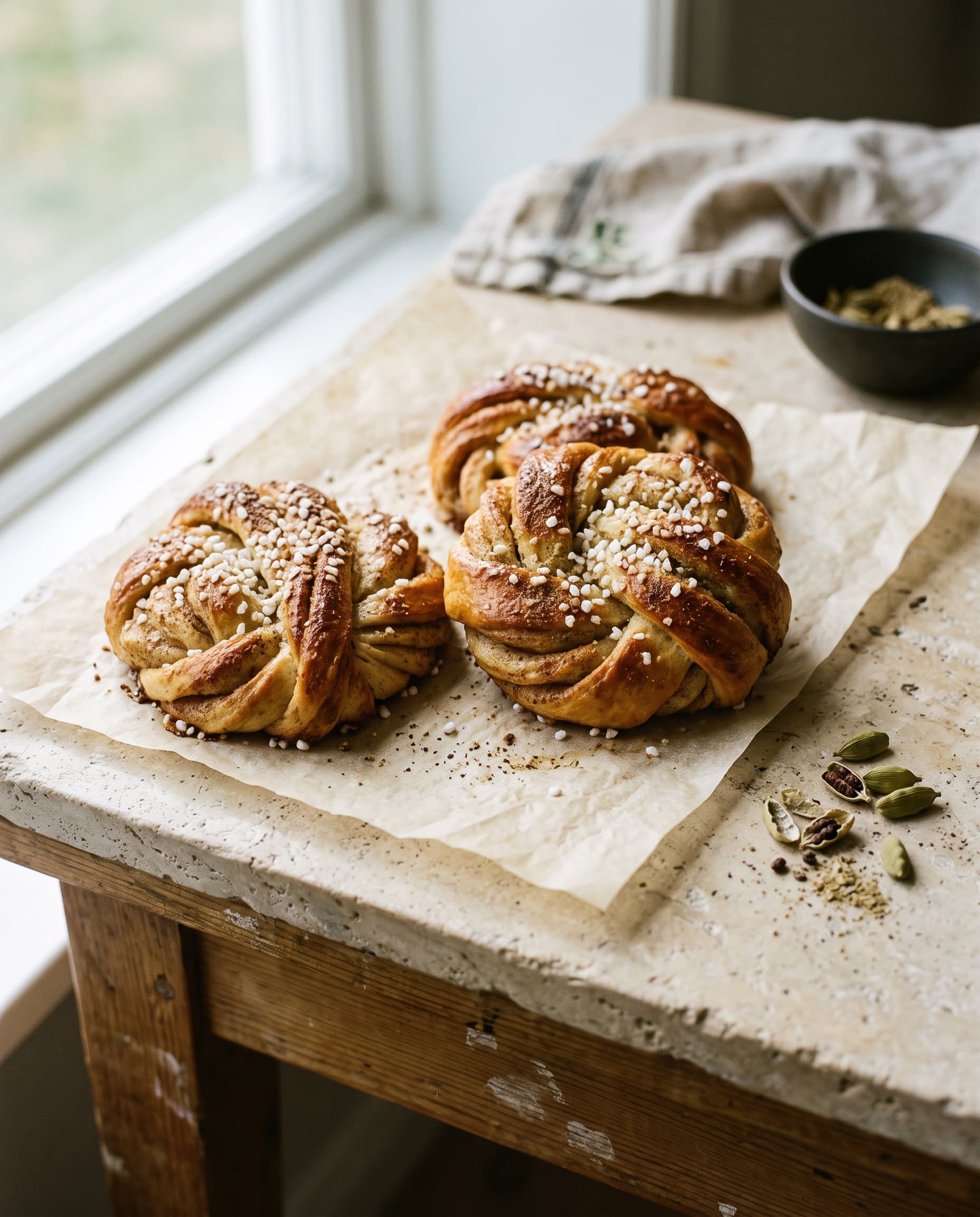 Knotted cardamom buns topped with pearl sugar
