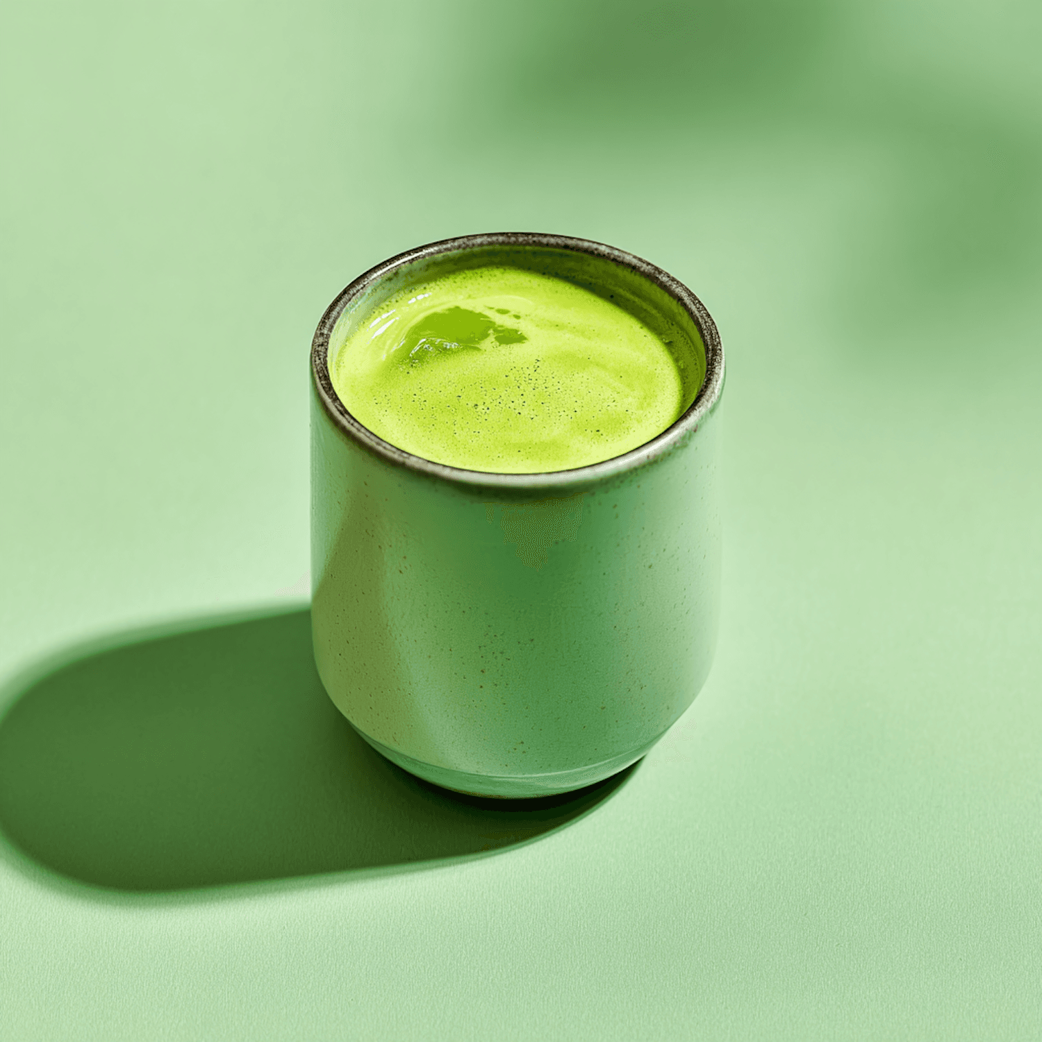 Matcha latte in a speckled ceramic cup