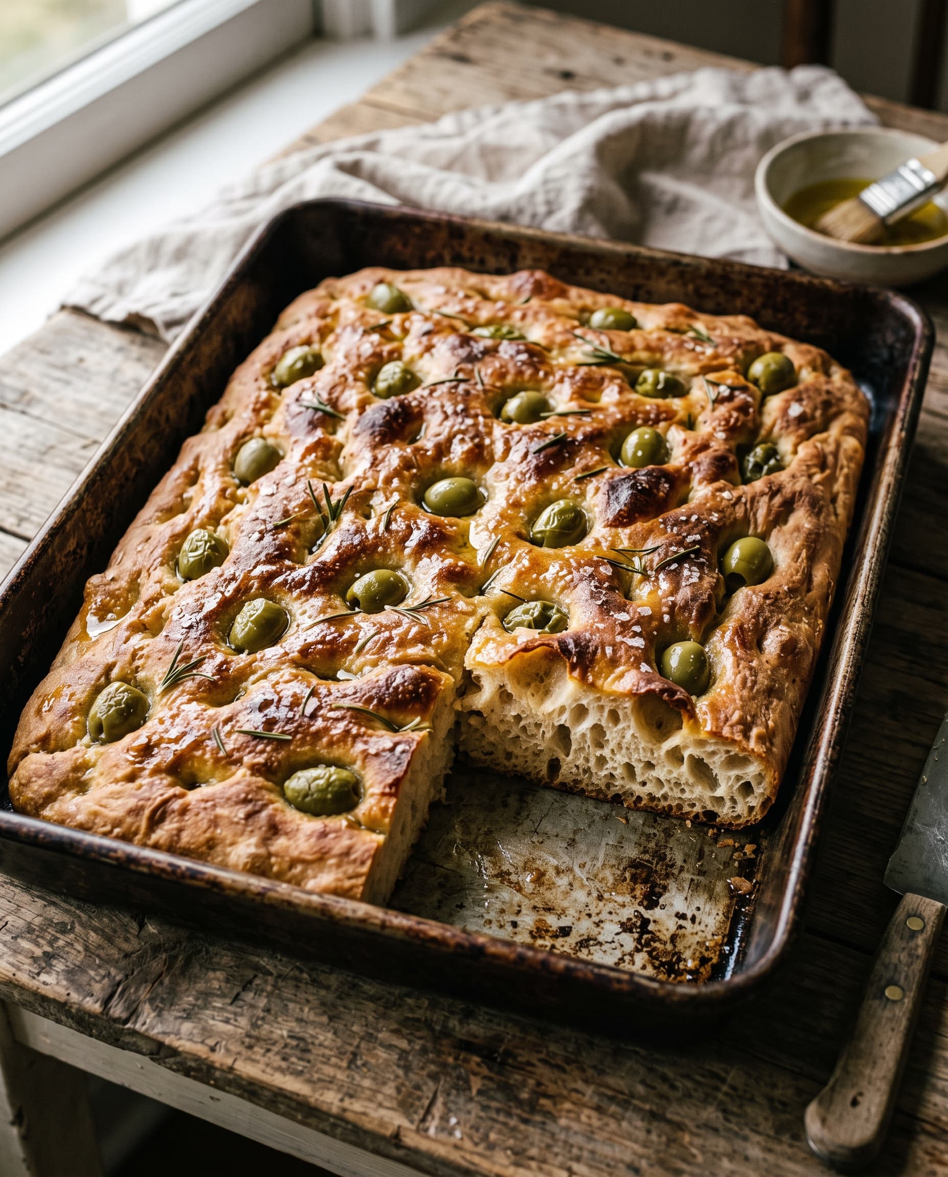 Olive focaccia with rosemary and flaky salt in a baking tray