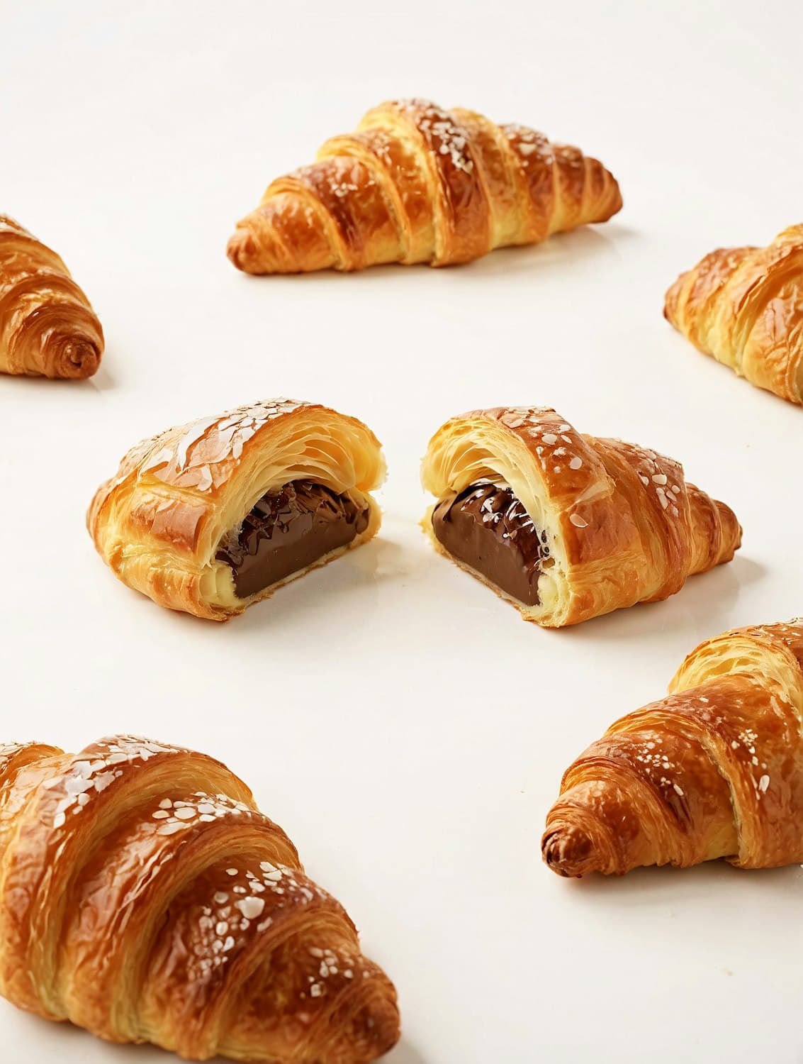 Chocolate-filled croissant pastries, one broken open