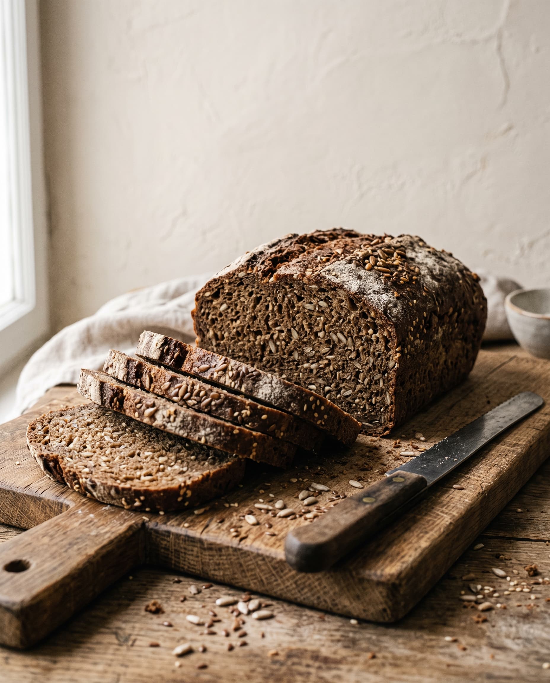 Seeded rye loaf, partly sliced, on a wooden board