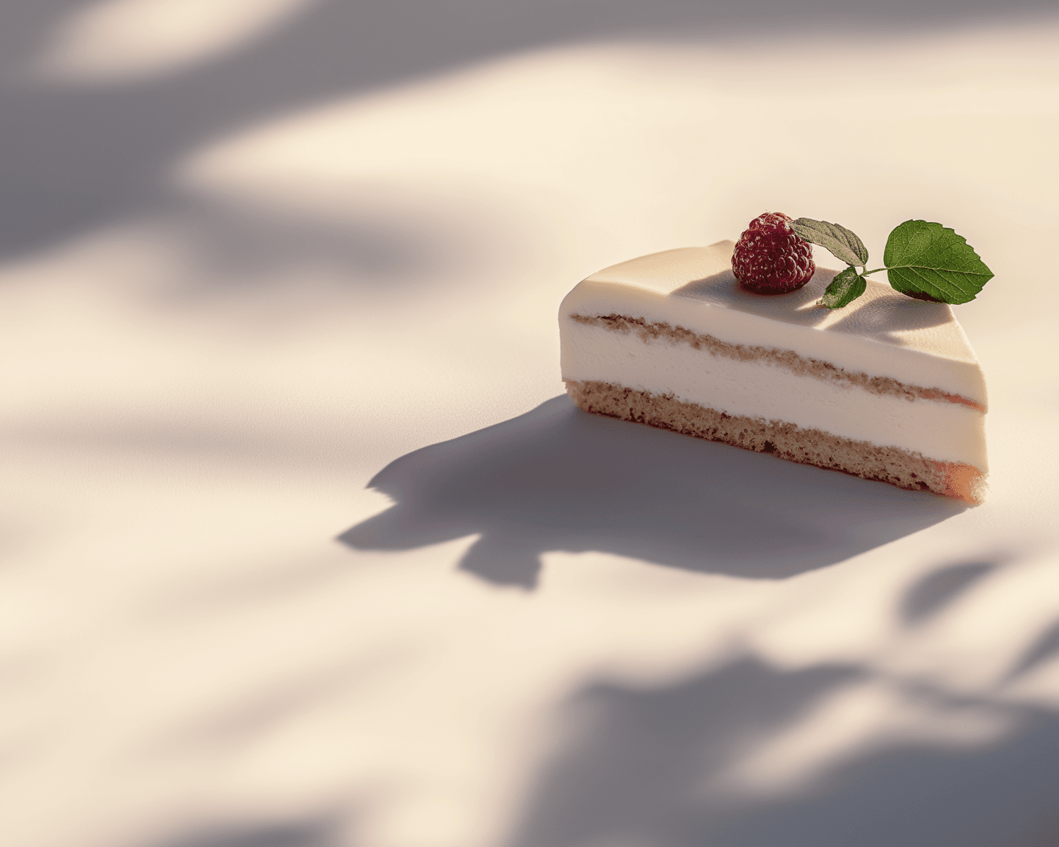 A slice of layered vanilla sponge cake topped with a raspberry, in soft afternoon light