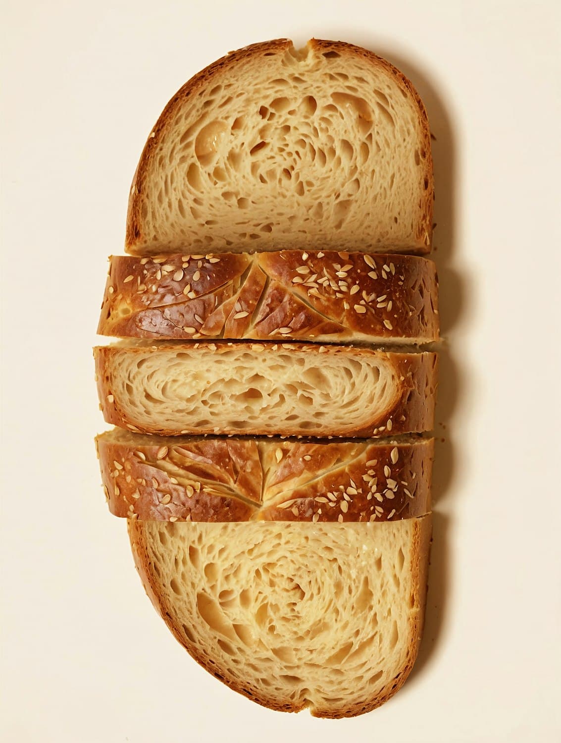 Sliced sesame milk loaf showing a soft, swirled crumb
