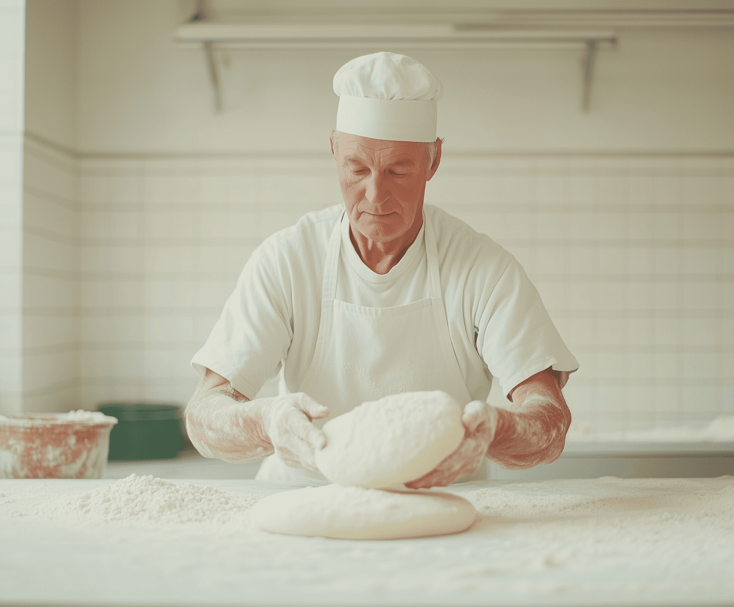 Our head baker shaping a round of dough at a floured bench